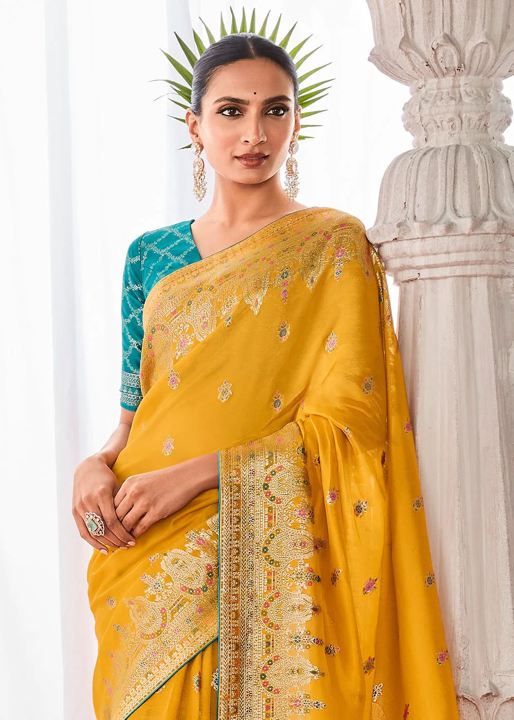 SAFFRON YELLOW KORA SILK SAREE WITH MEENAKARI PALLU & DESIGNER BLOUSE