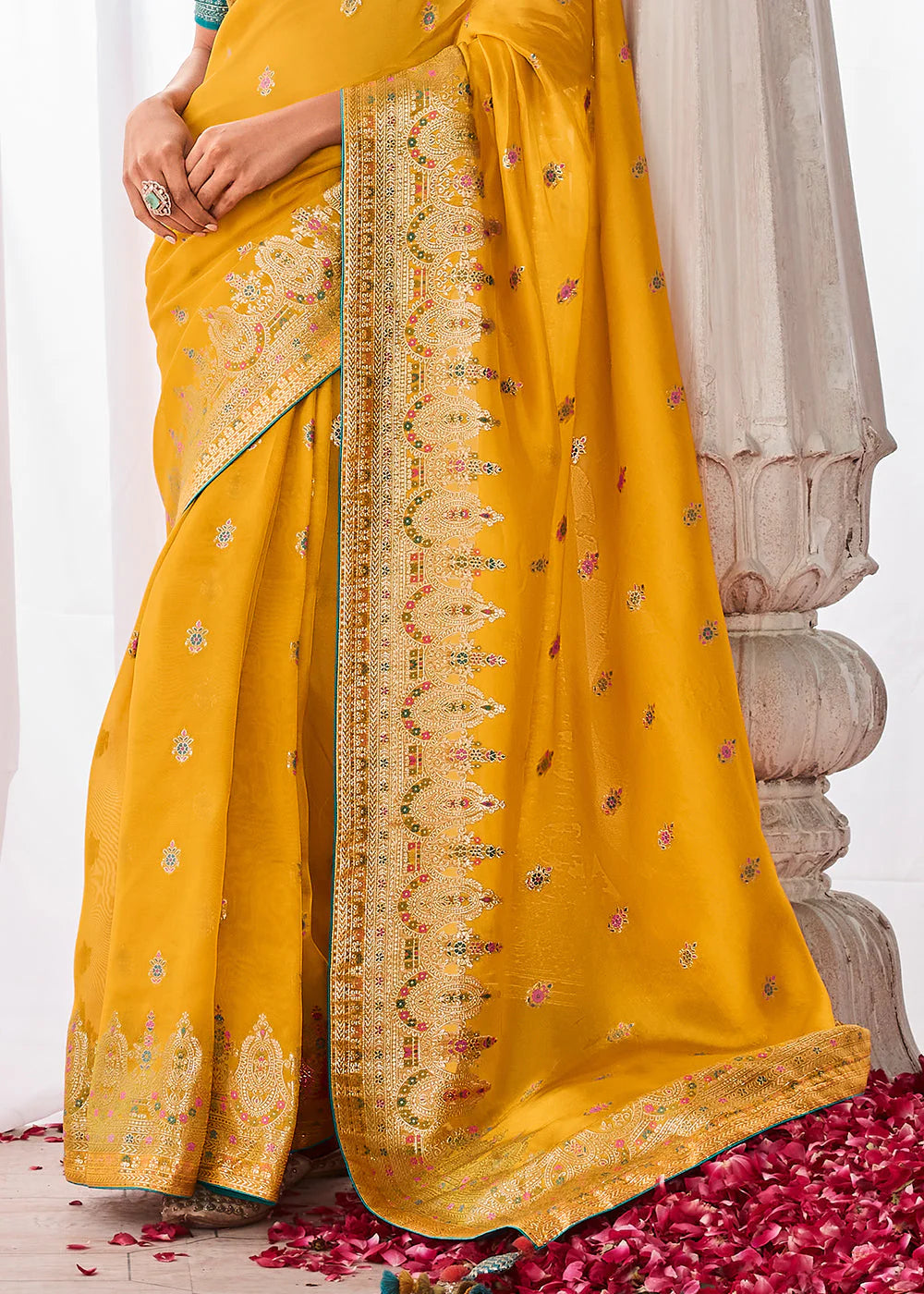 SAFFRON YELLOW KORA SILK SAREE WITH MEENAKARI PALLU & DESIGNER BLOUSE