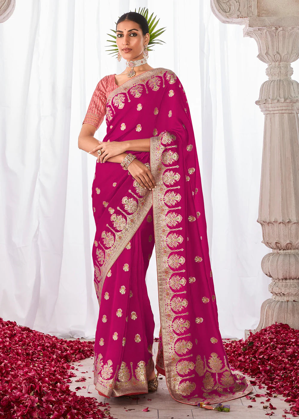 BARRY PINK KORA SILK SAREE WITH MEENAKARI PALLU & DESIGNER BLOUSE