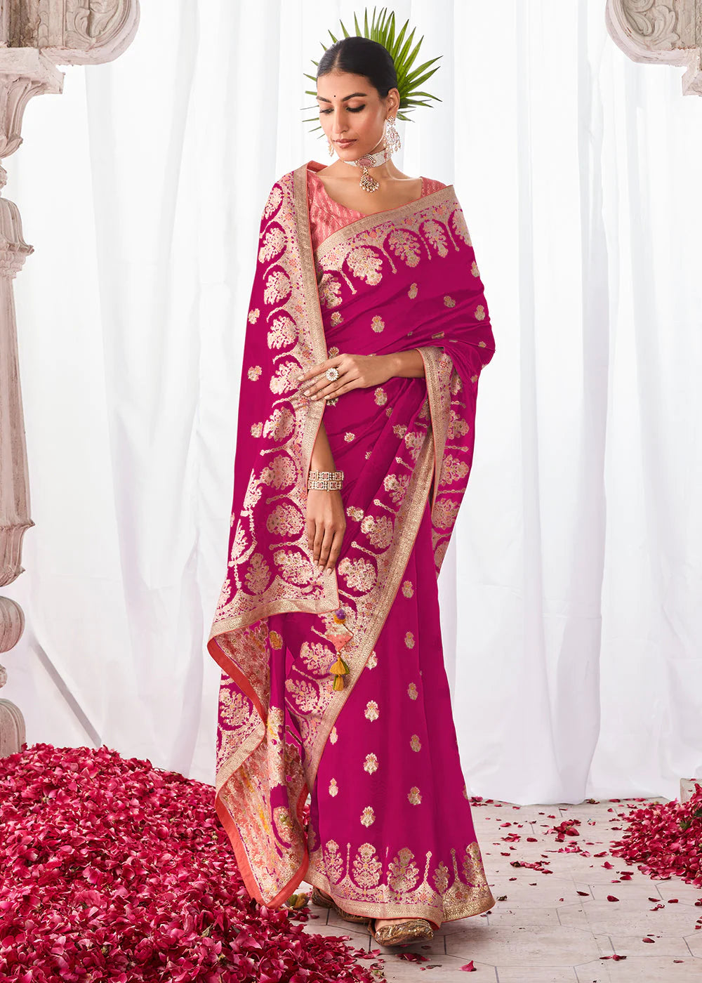 BARRY PINK KORA SILK SAREE WITH MEENAKARI PALLU & DESIGNER BLOUSE