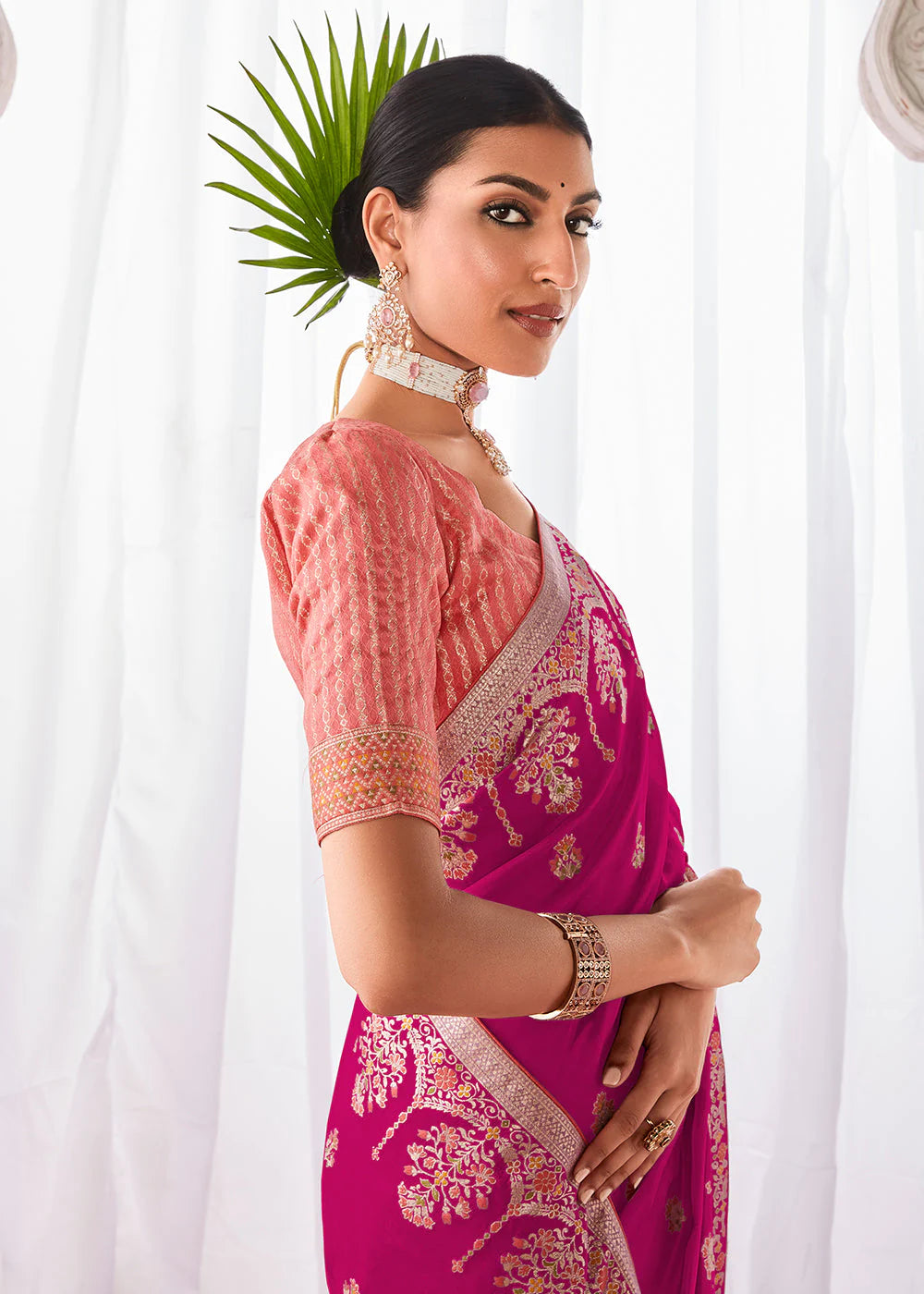 BARRY PINK KORA SILK SAREE WITH MEENAKARI PALLU & DESIGNER BLOUSE