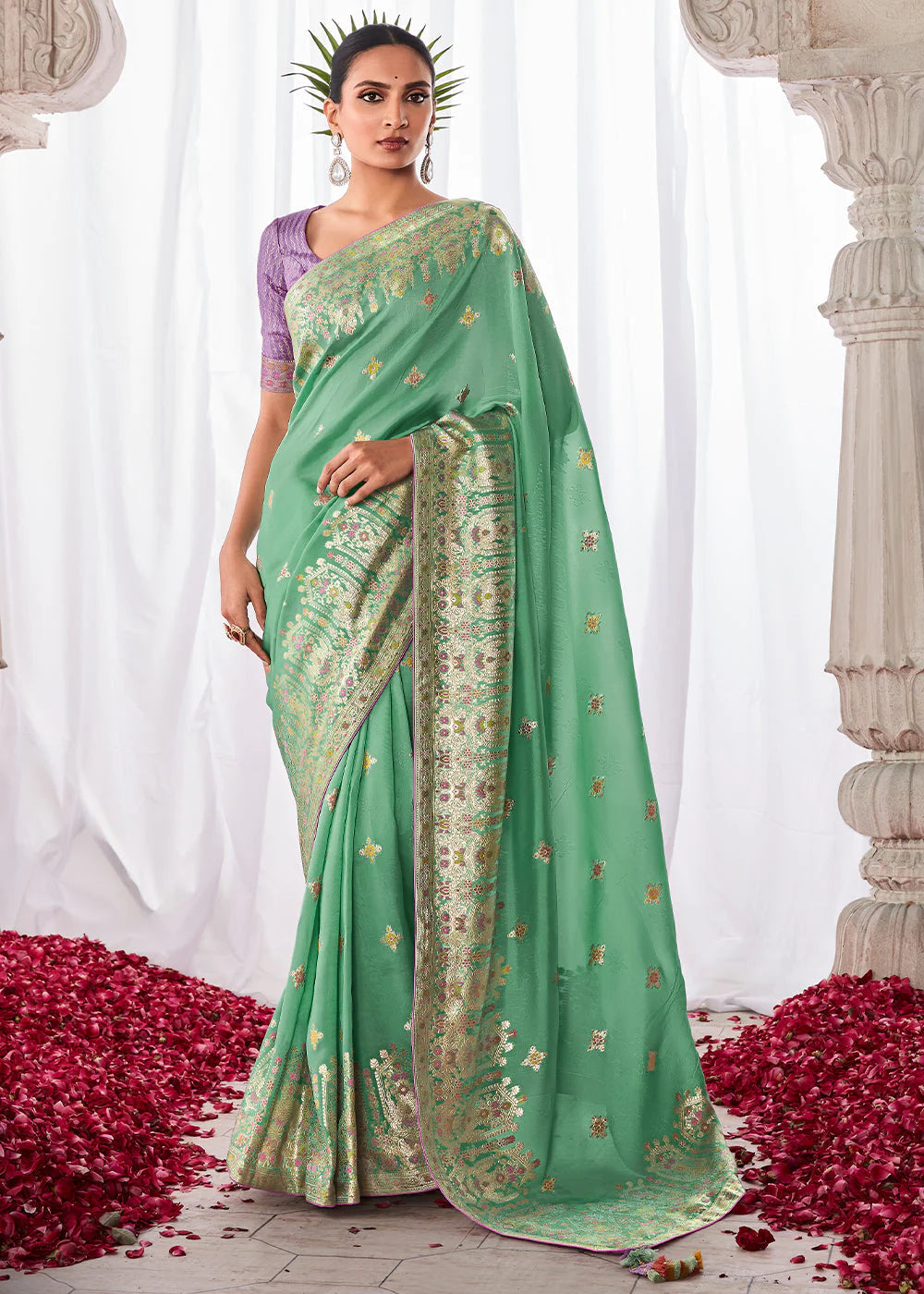 Panna GREEN KORA SILK SAREE WITH MEENAKARI PALLU & DESIGNER BLOUSE