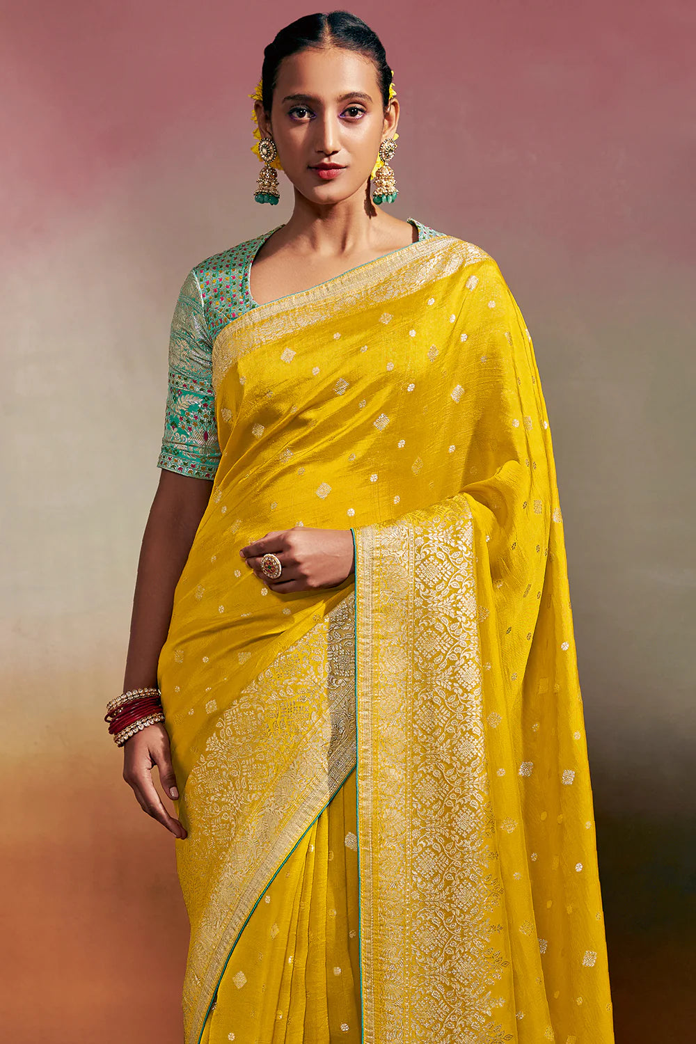 AUREOLIN YELLOW Woven Soft Silk Banarasi Saree With Minakari Pallu & Fancy Blouse