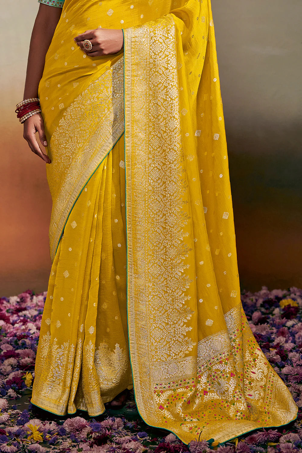 AUREOLIN YELLOW Woven Soft Silk Banarasi Saree With Minakari Pallu & Fancy Blouse