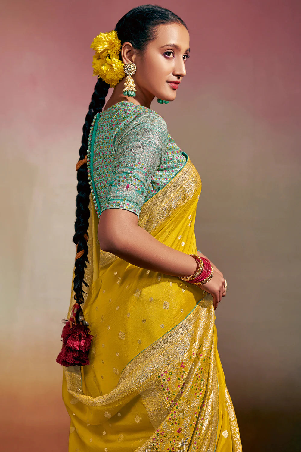 AUREOLIN YELLOW Woven Soft Silk Banarasi Saree With Minakari Pallu & Fancy Blouse