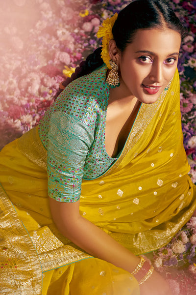 AUREOLIN YELLOW Woven Soft Silk Banarasi Saree With Minakari Pallu & Fancy Blouse