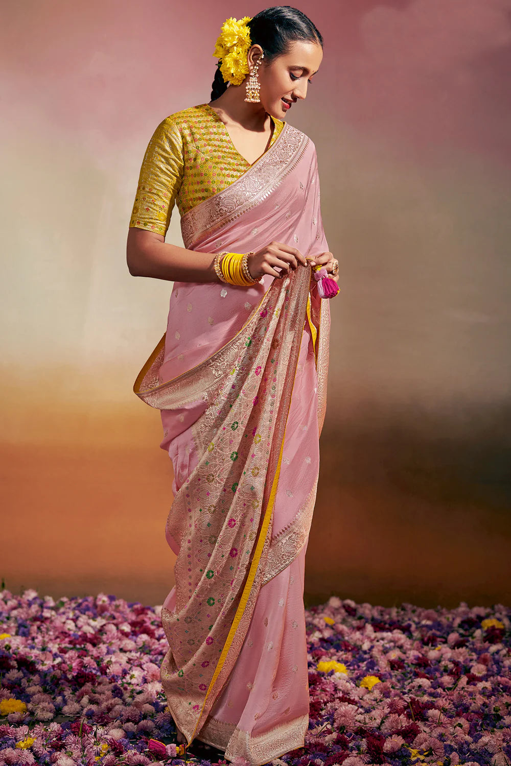 FLAMINGO PINK Woven Soft Silk Banarasi Saree With Minakari Pallu & Fancy Blouse