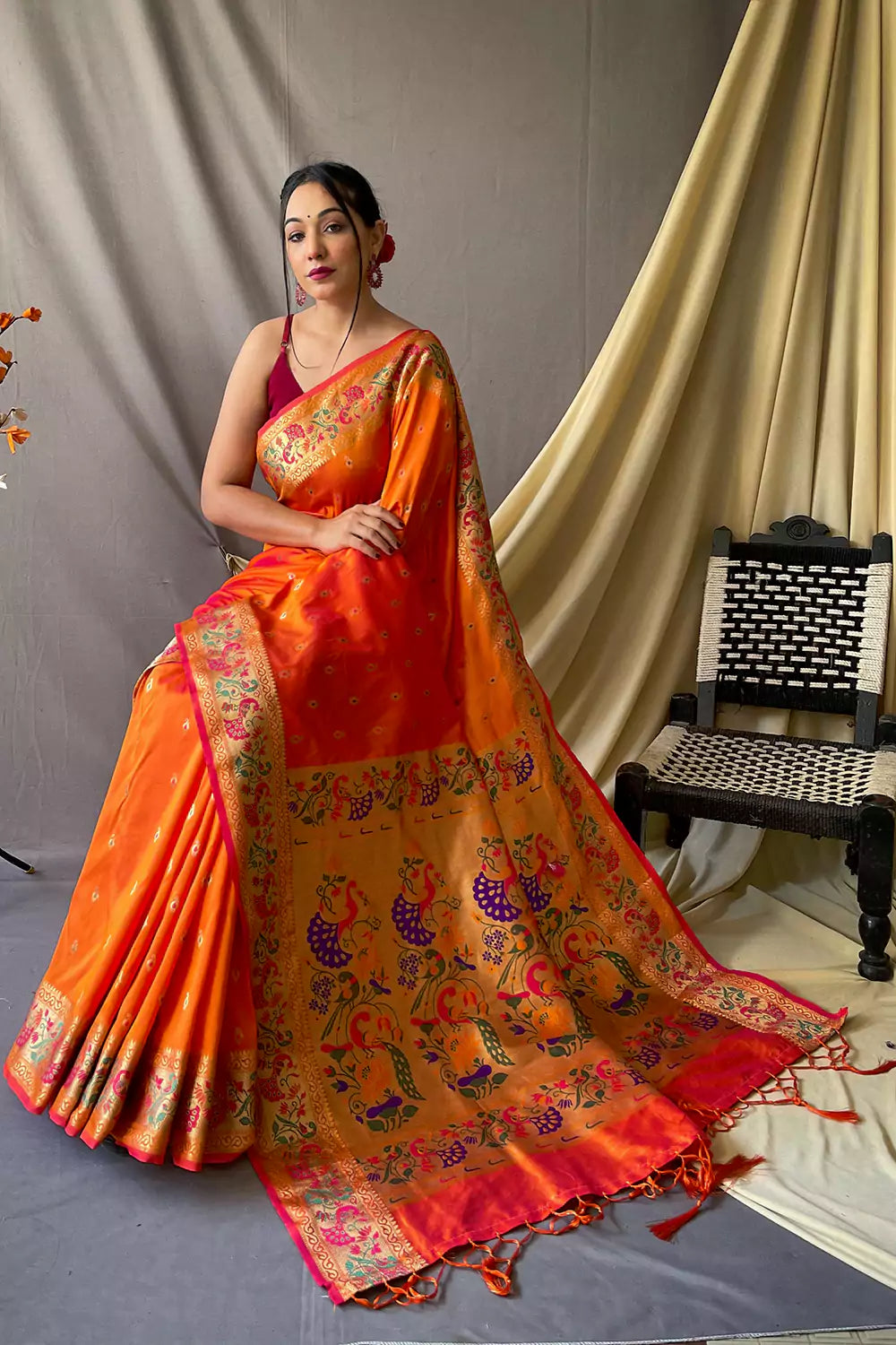 APRICOT ORANGE Woven Paithani Silk Saree