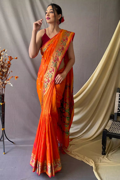 APRICOT ORANGE Woven Paithani Silk Saree