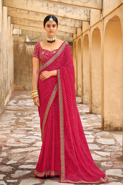 FUSCHA PINK  Bandhani Saree With Embroidery Work Blouse