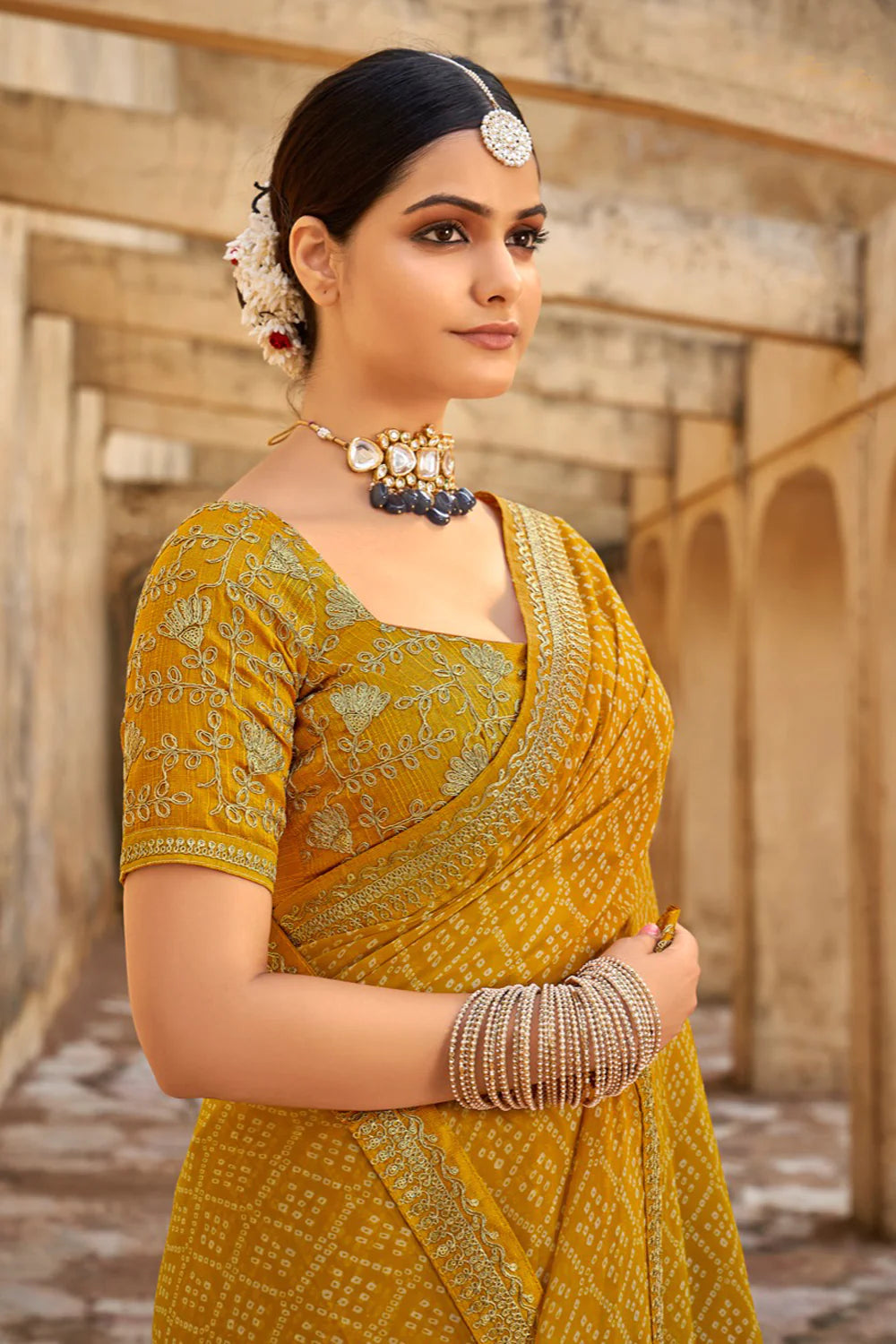 Yellow Bandhani Saree With Embroidery Work Blouse