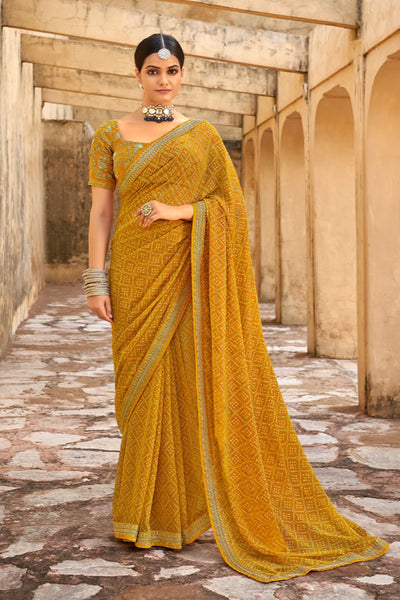Yellow Bandhani Saree With Embroidery Work Blouse