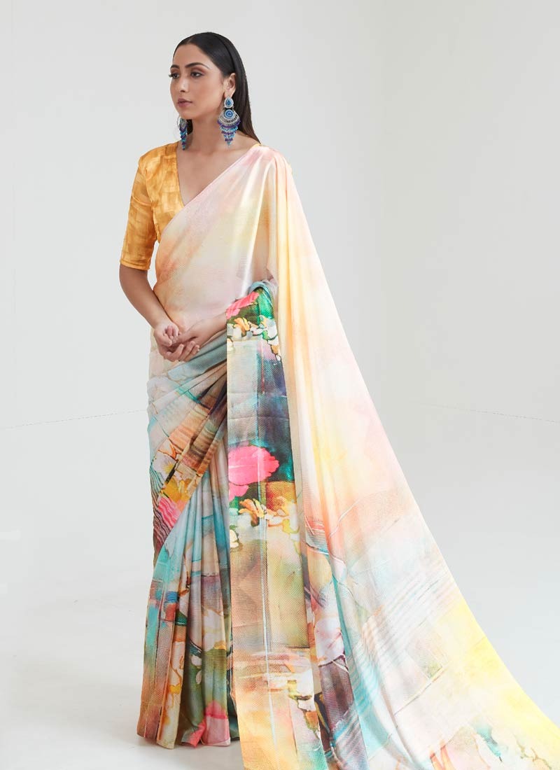 Amazing Multi Color Digital Printed Satin Traditional Saree