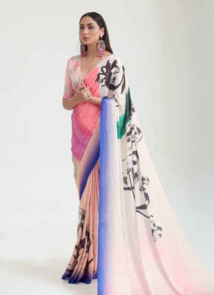 Fashionable Multi Colored Satin Printed Saree