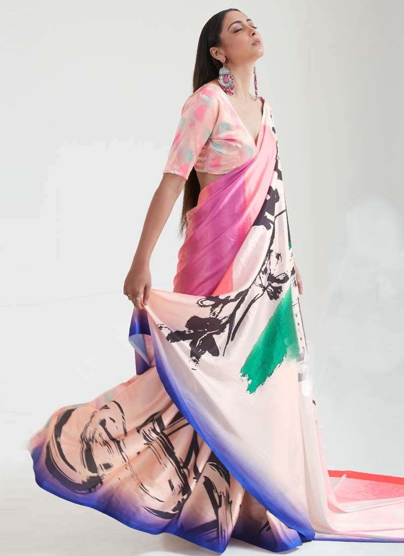 Fashionable Multi Colored Satin Printed Saree