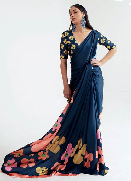 Fantastic Navy Blue Color Satin Designer Traditional Saree