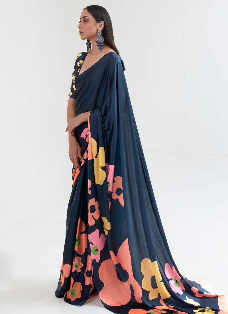 Fantastic Navy Blue Color Satin Designer Traditional Saree