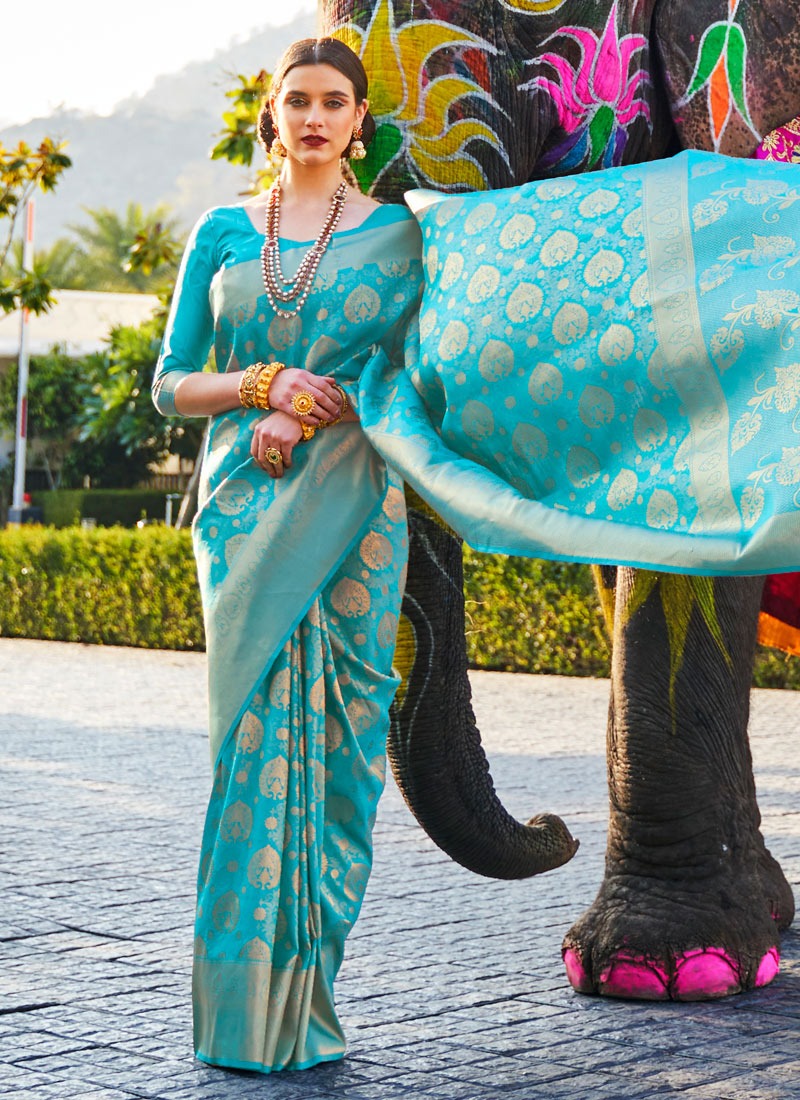 Fab Turquoise Color Art KANJIVARAM SILK Designer Contemporary Saree