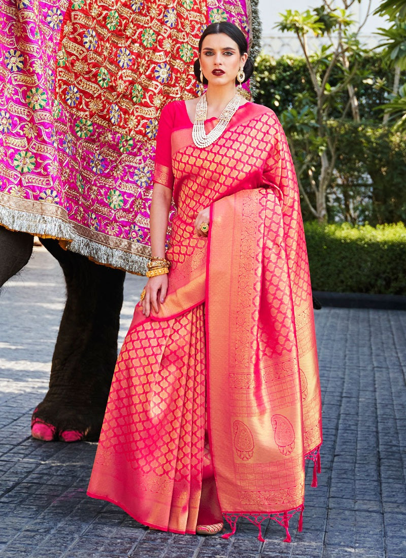 Outstanding Rose Pink Color Art KANJIVARAM SILK Saree For Party