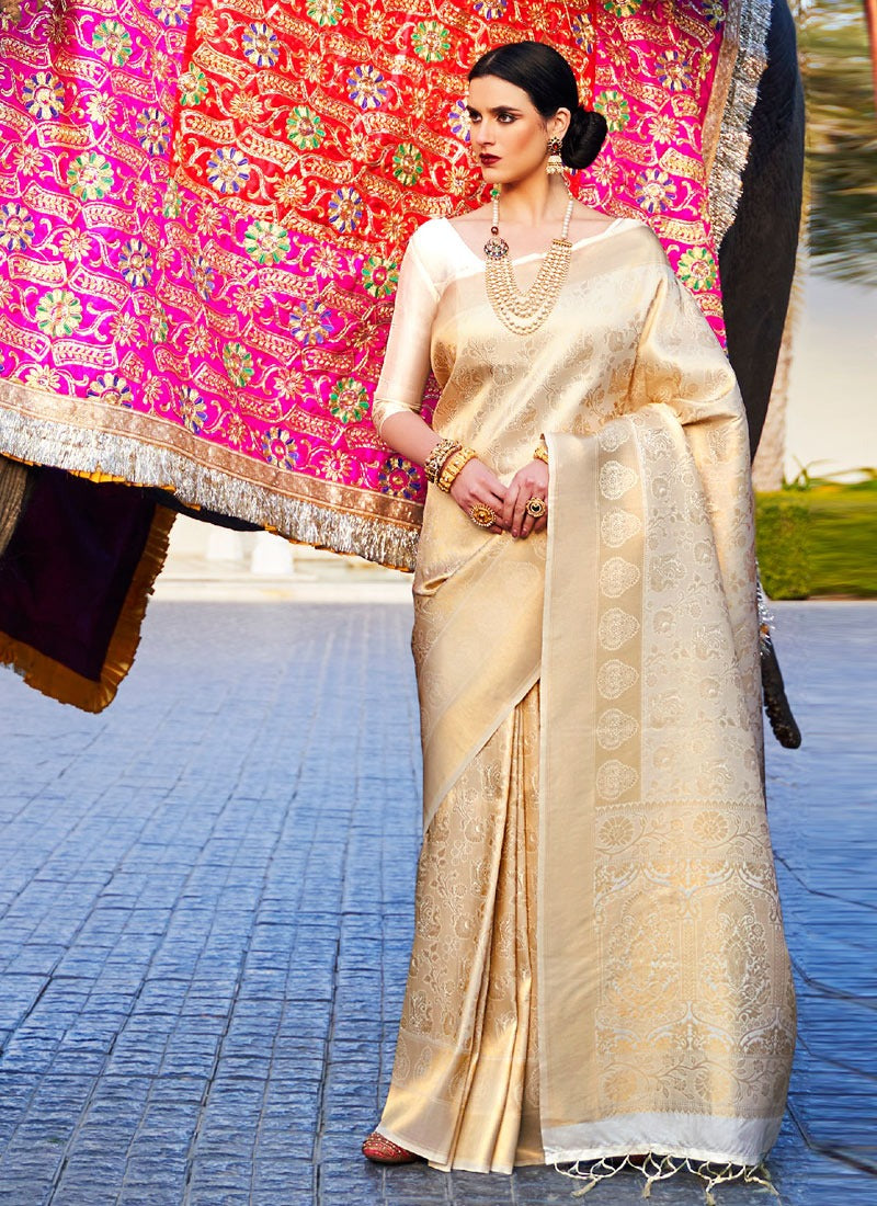 Smashy Cream Color Woven Enhanced KANJIVARAM SILK Saree