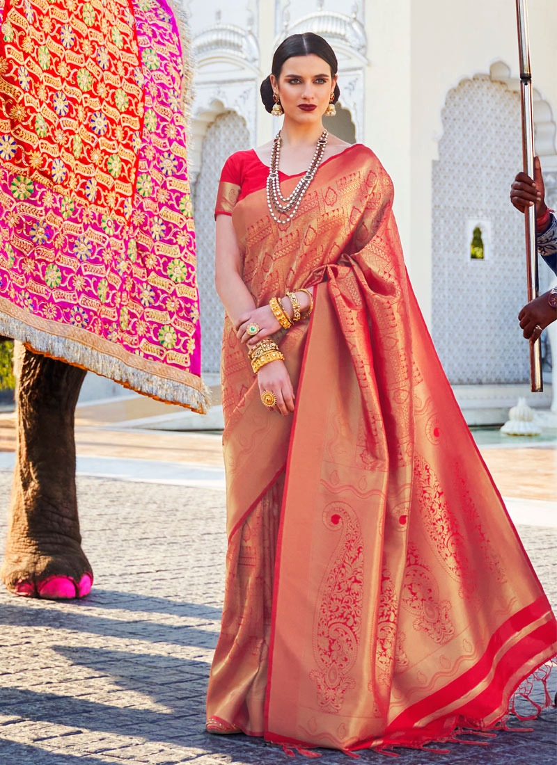 Fancy Red Color KANJIVARAM Woven Enhanced SILK Saree