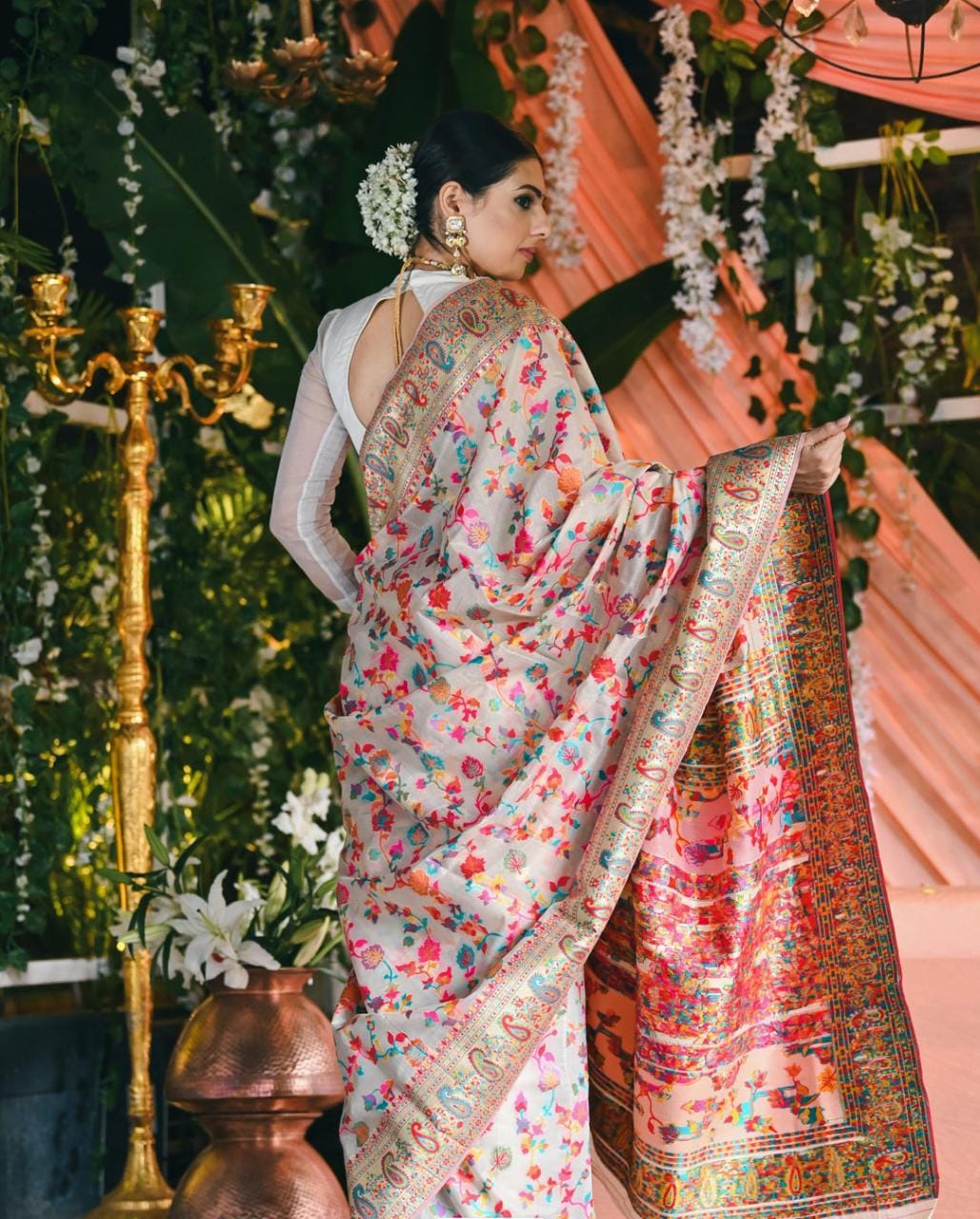 Floral Off-White Woven Kashmiri Pashmina Saree