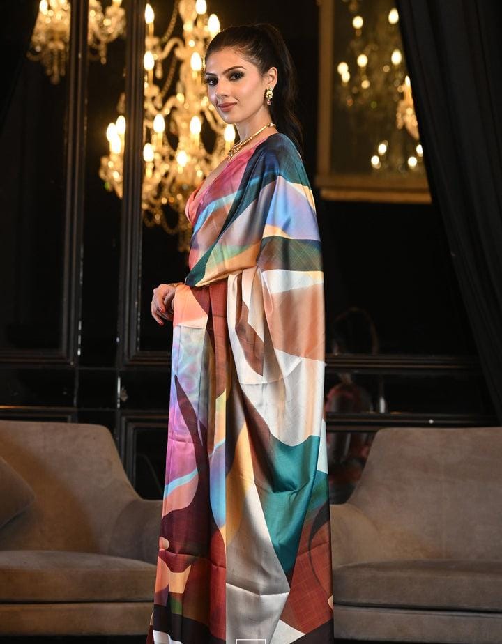 Amazing Digital Printed Satin Designer Contemporary Saree