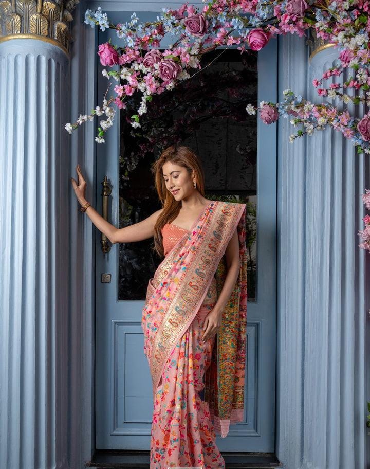 LIGHT PINK Color Handloom Silk KASHMIRI Saree For Wedding