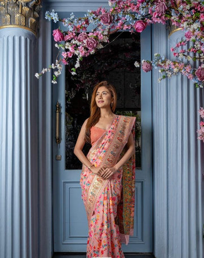 LIGHT PINK Color Handloom Silk KASHMIRI Saree For Wedding