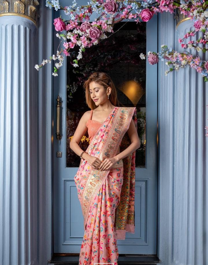 LIGHT PINK Color Handloom Silk KASHMIRI Saree For Wedding