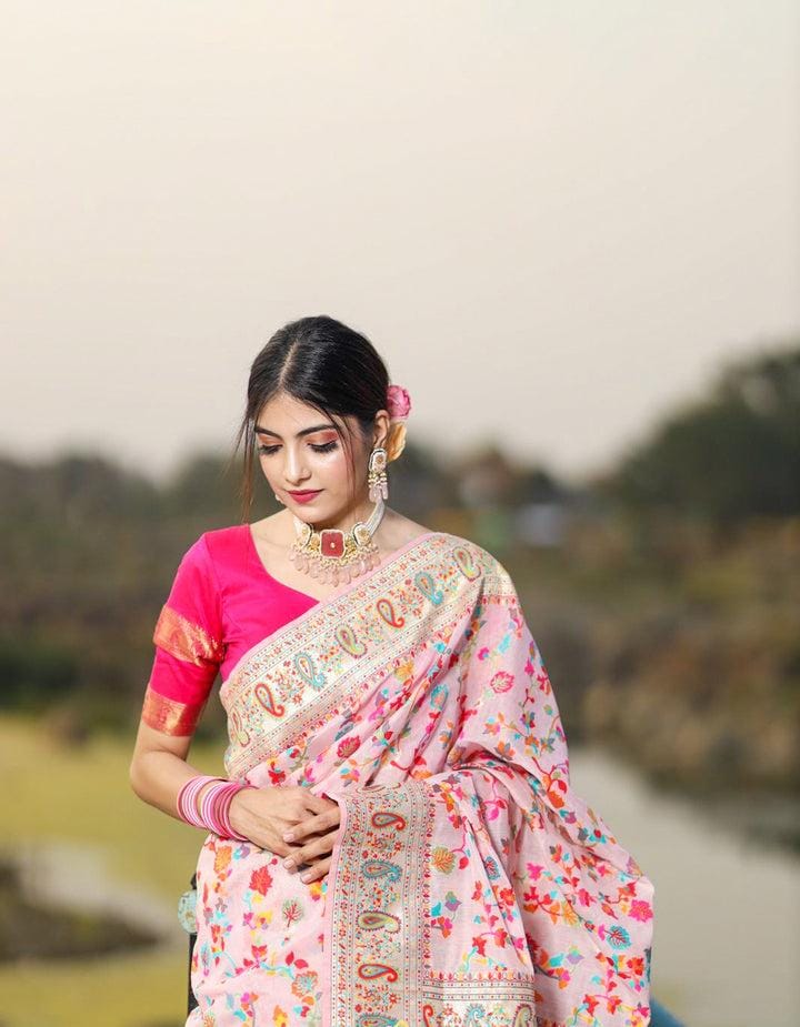 Opulent Pink Color Handllom Silk Contemporary KASHMIRI Saree