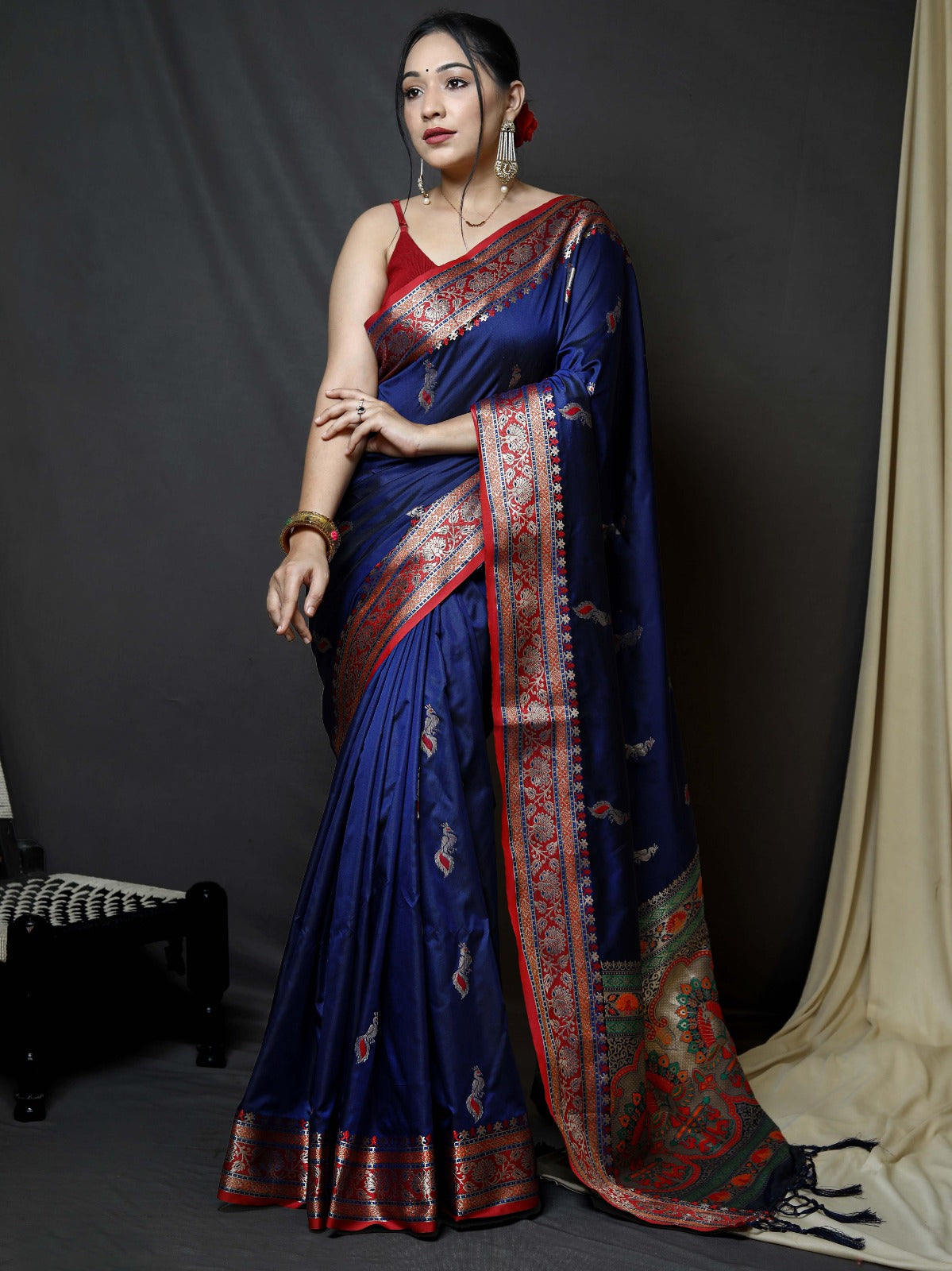 MIDNIGHT BLUE Pure Kanchipuram Silk Paithani Sarees