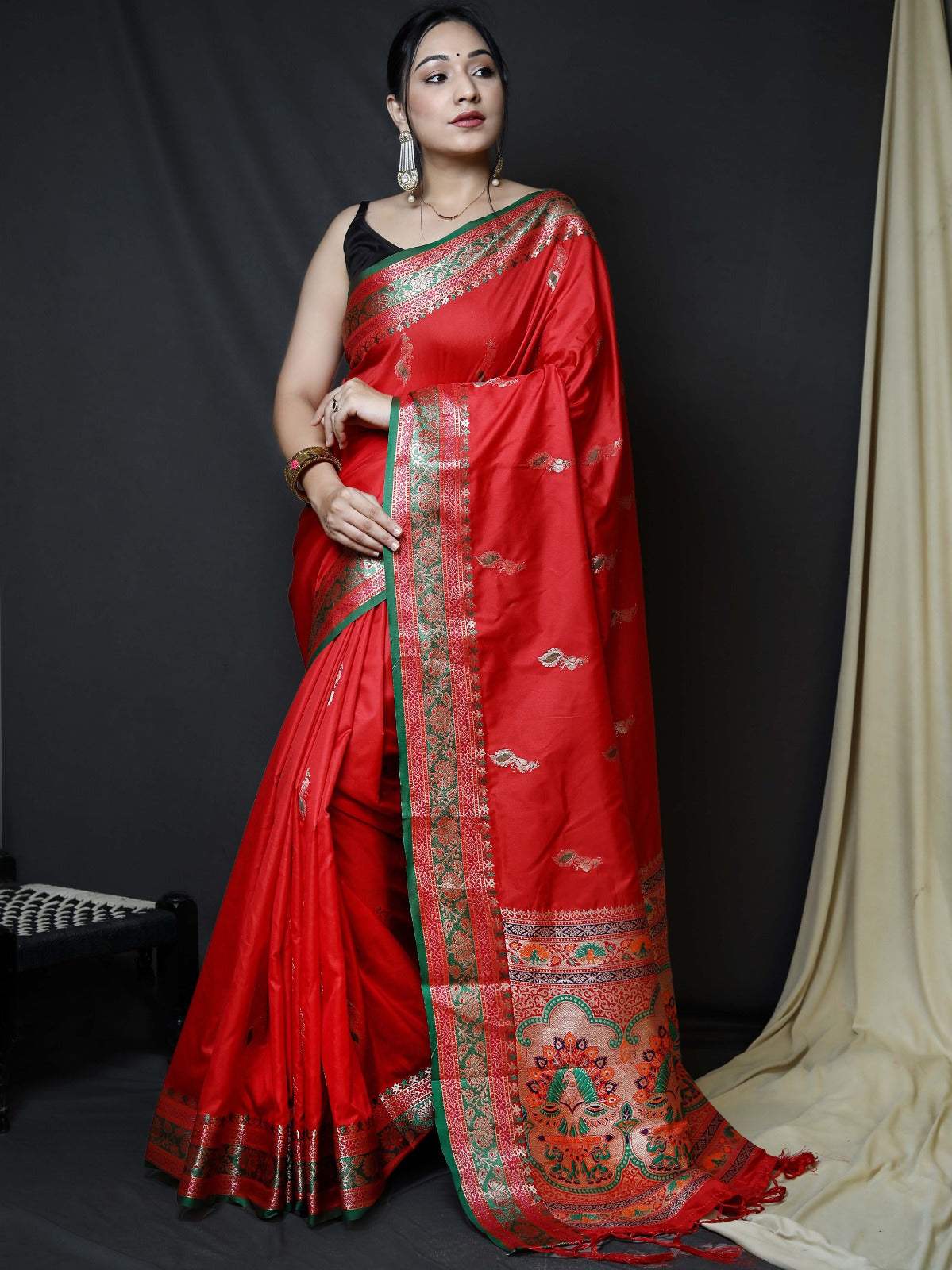 ROSE RED Pure Kanchipuram Silk Paithani Sarees