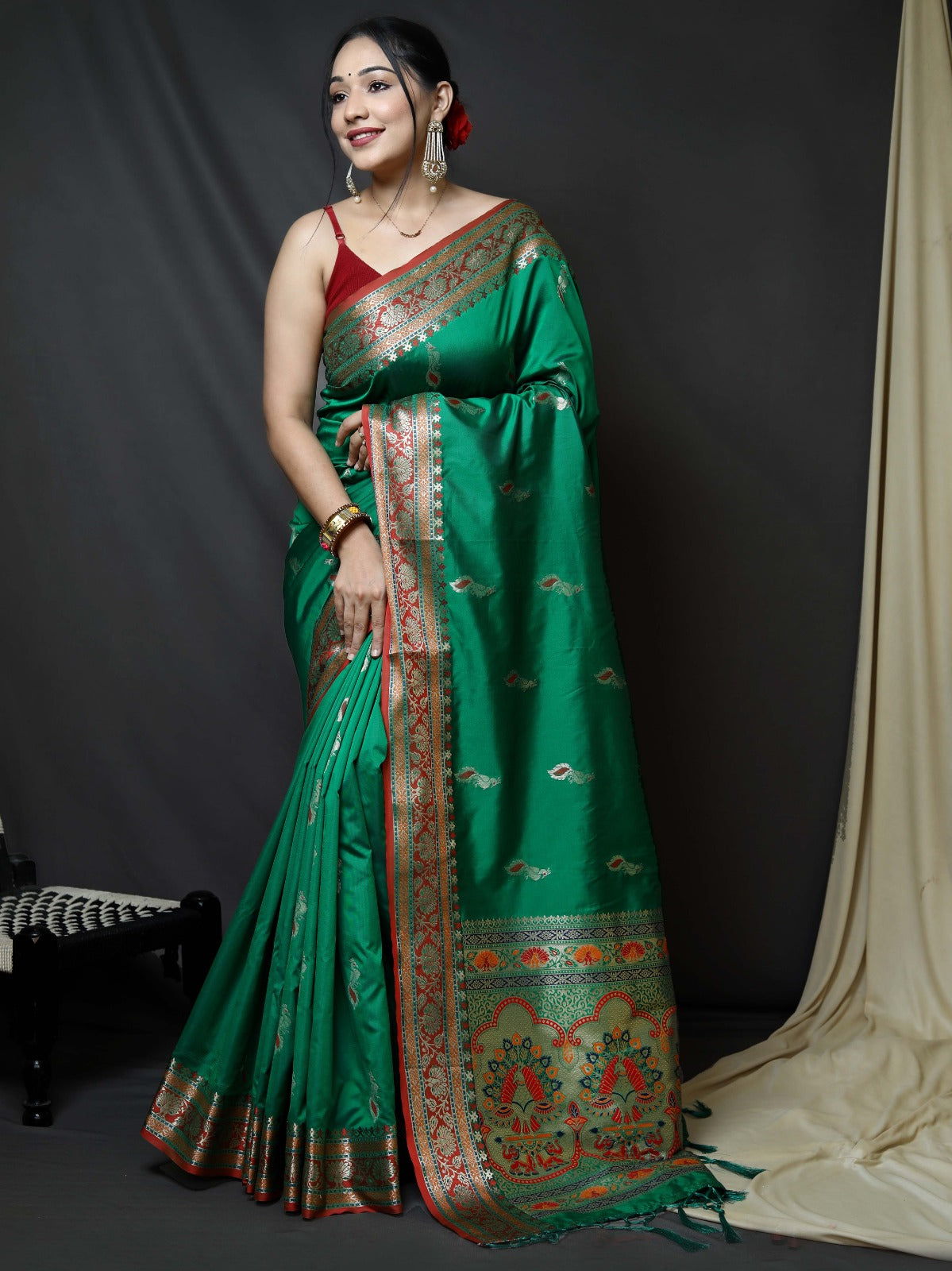 INDIAN GREEN Pure Kanchipuram Silk Paithani Sarees