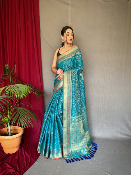 BLUE Patola Silk Saree with Patola Fusion