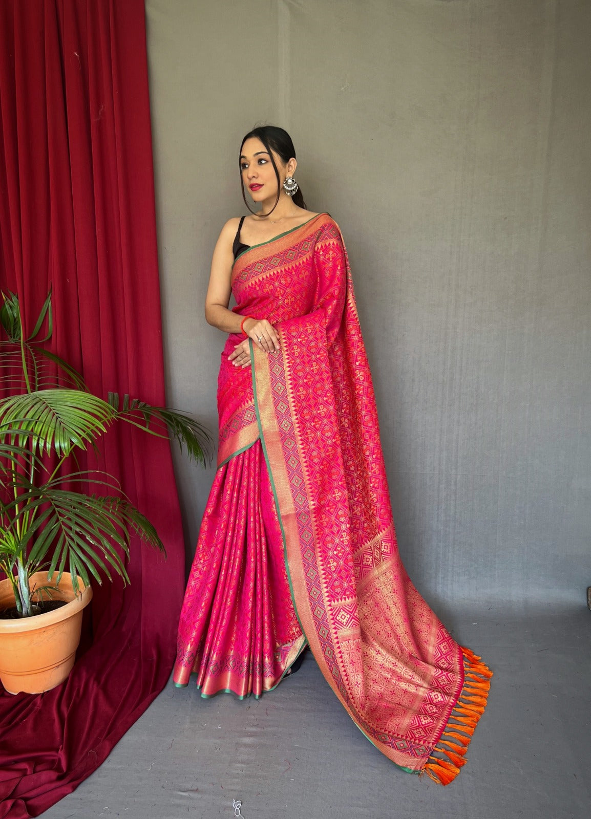 PINK Patola Silk Saree with Patola Fusion