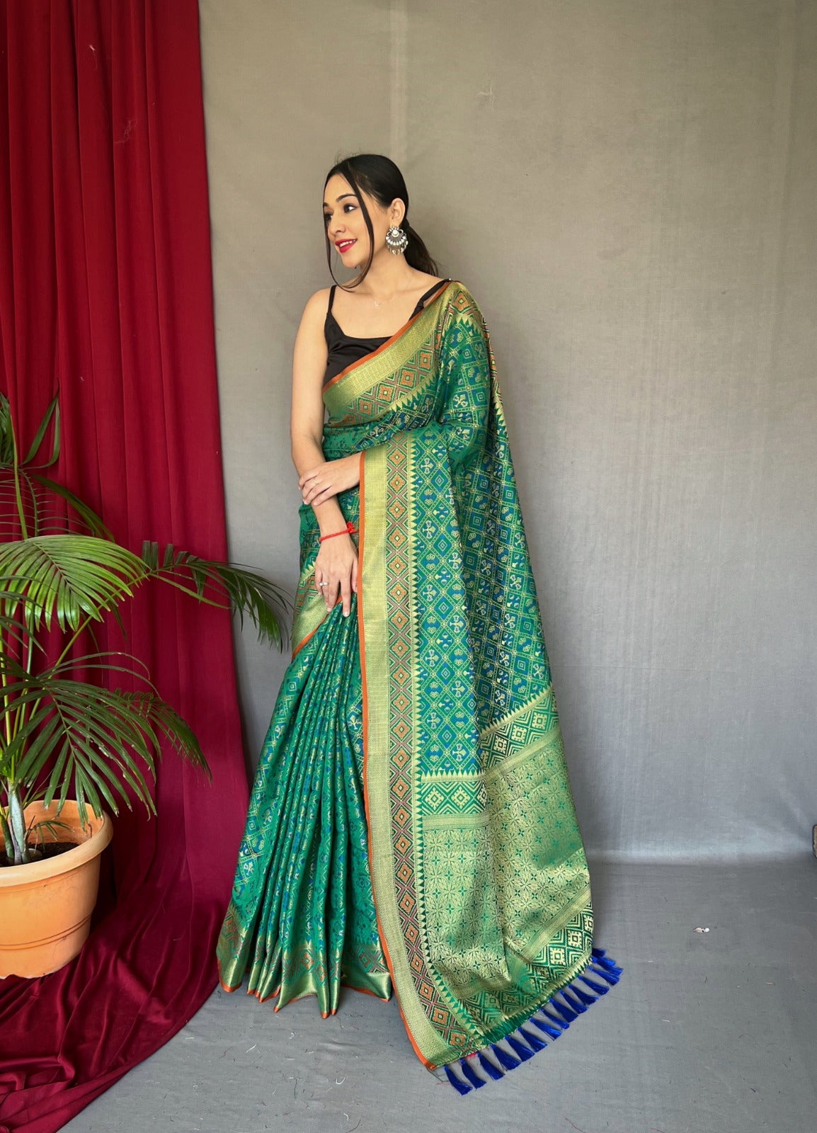 GREEN Patola Silk Saree with Patola Fusion