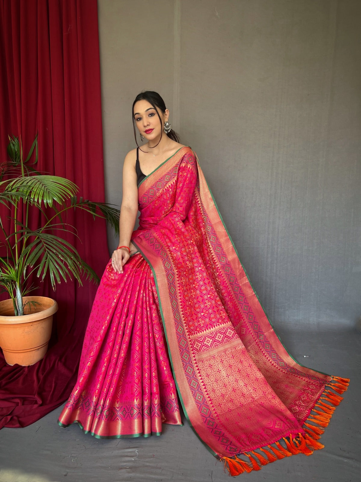 PINK Patola Silk Saree with Patola Fusion