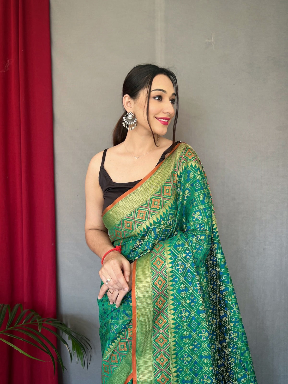 GREEN Patola Silk Saree with Patola Fusion