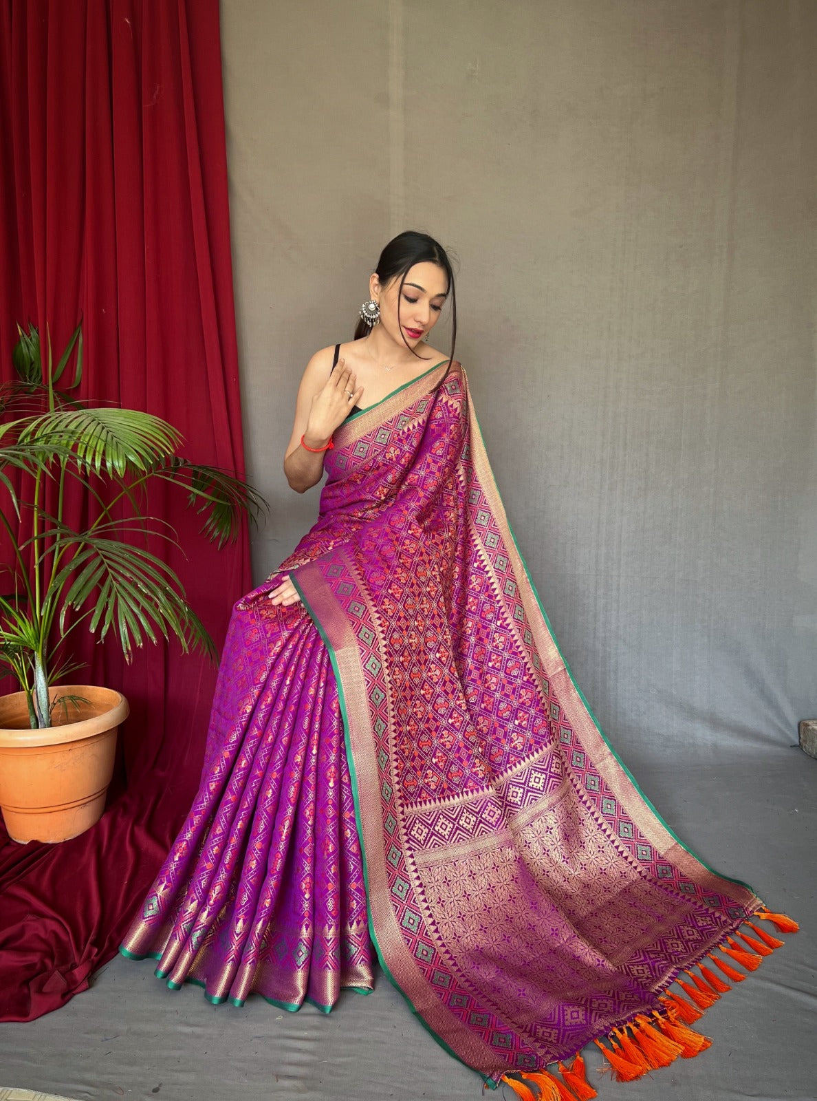 Violet Patola Silk Saree with Patola Fusion