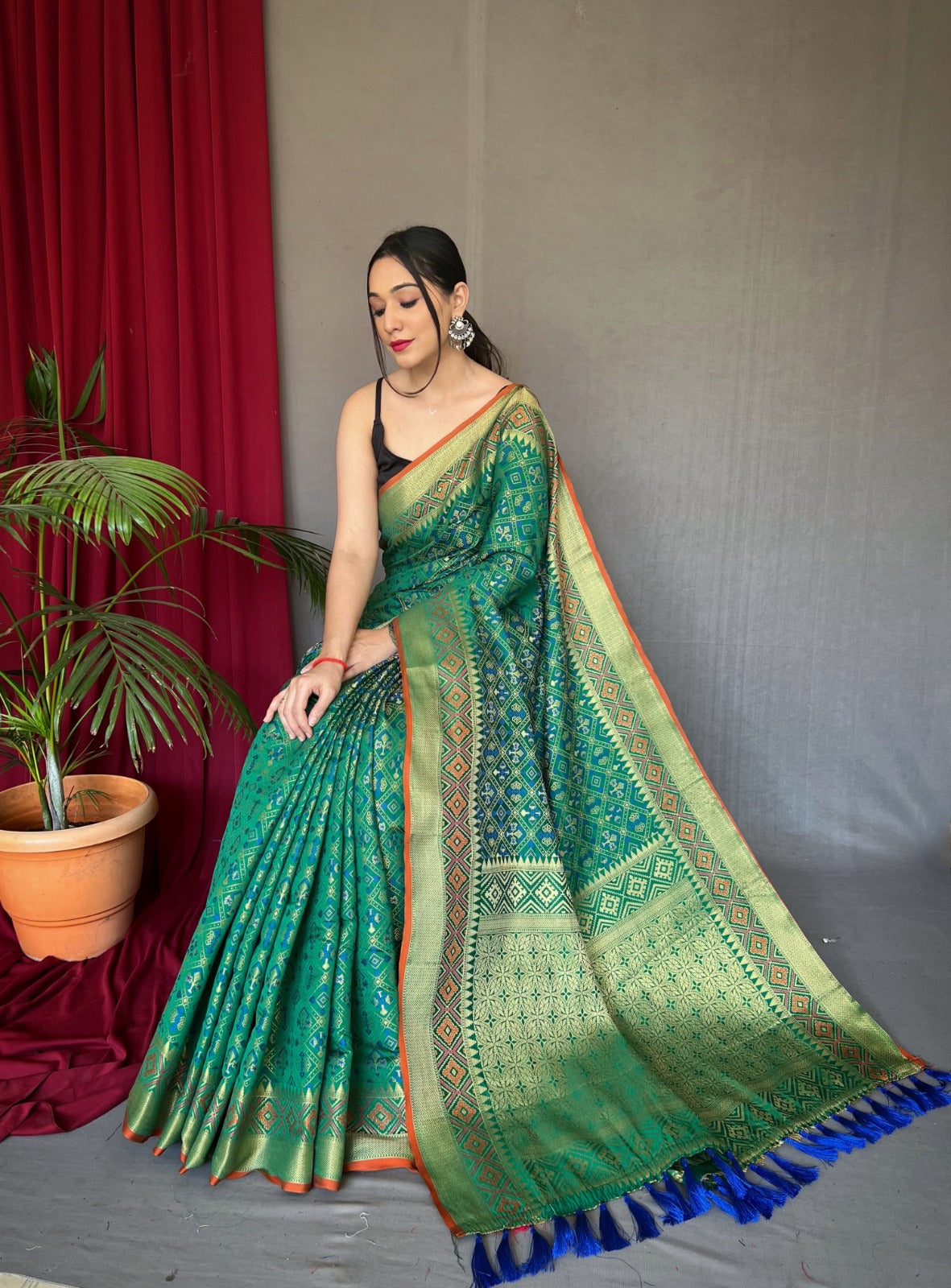 GREEN Patola Silk Saree with Patola Fusion