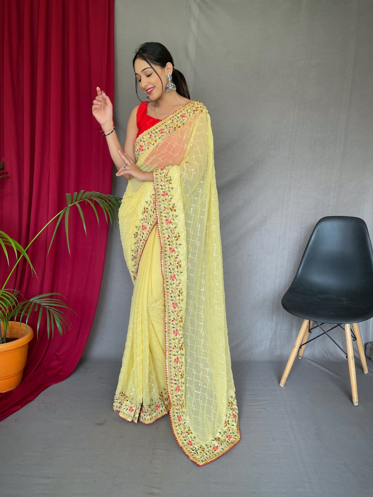 SUNLIGHT YELLOW Georgette Saree With Sequence