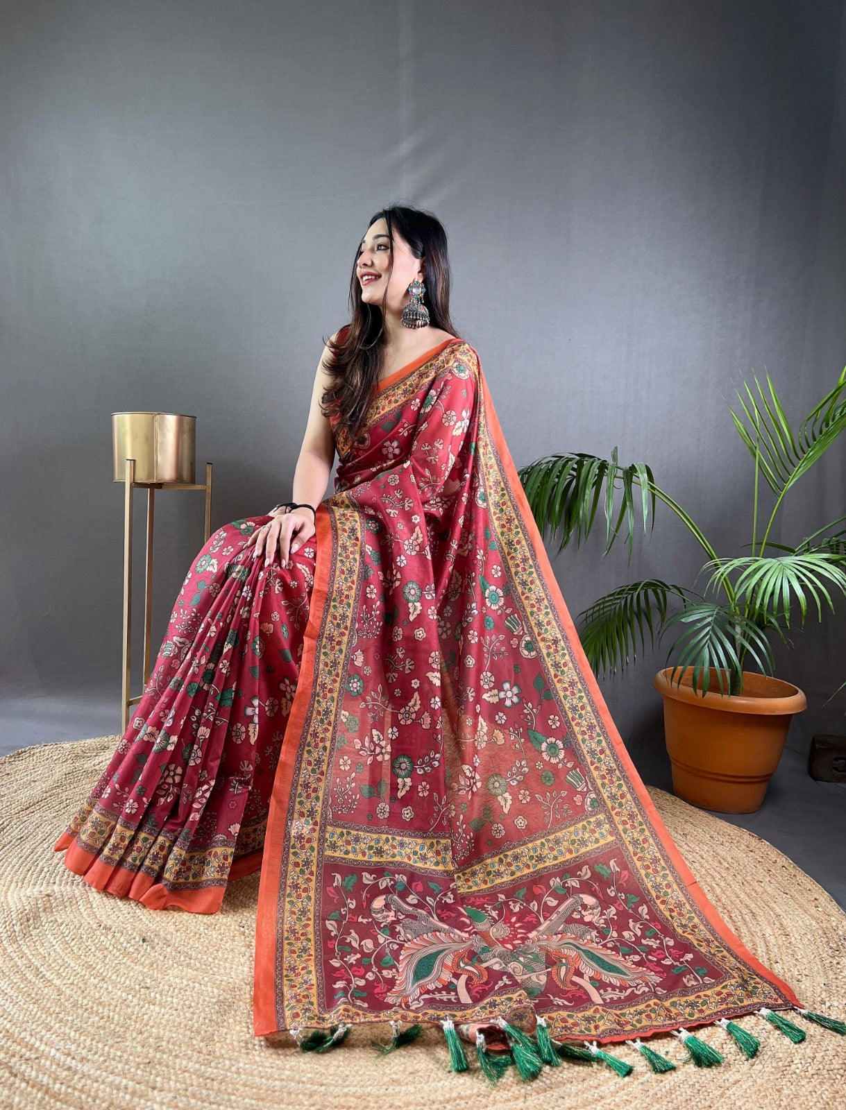 WINE MAROON AZURE WHISPERS TRANQUIL KALAMKARI SYMPHONY SAREE