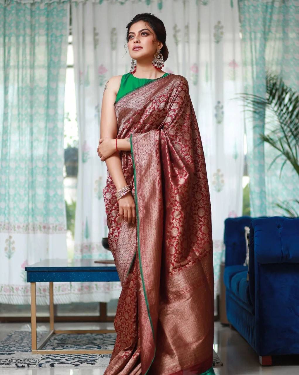 MAROON WITH GREEN BLOUSE COPPER ZARI WEAVING