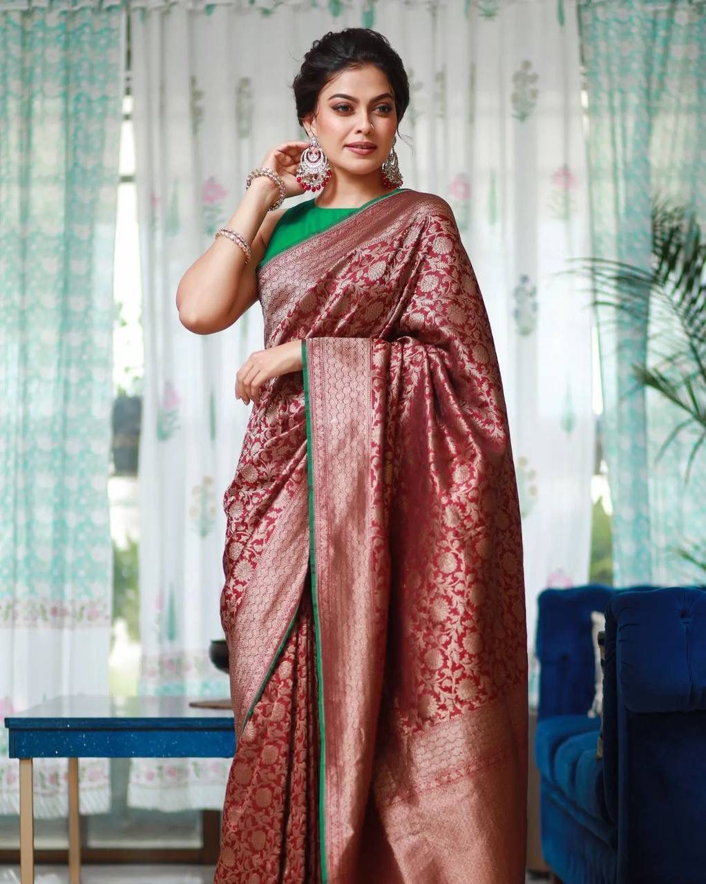 MAROON WITH GREEN BLOUSE COPPER ZARI WEAVING