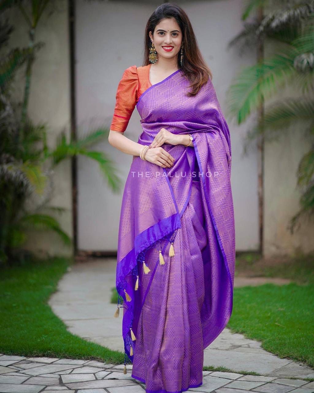 PURPLE SAREE WITH COPPER ZARI WEAVING WITH RED BROCADE BLOUSE