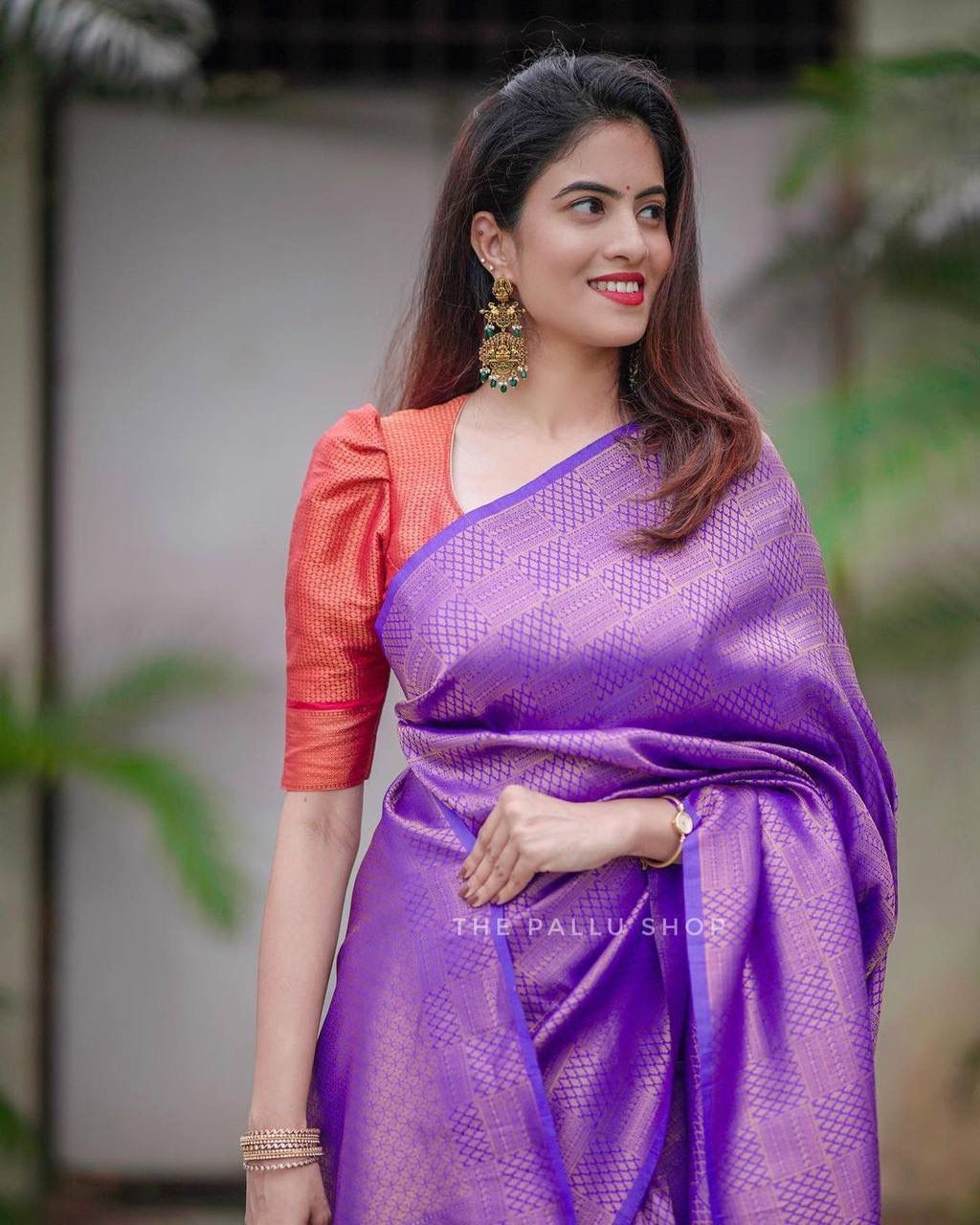 PURPLE SAREE WITH COPPER ZARI WEAVING WITH RED BROCADE BLOUSE