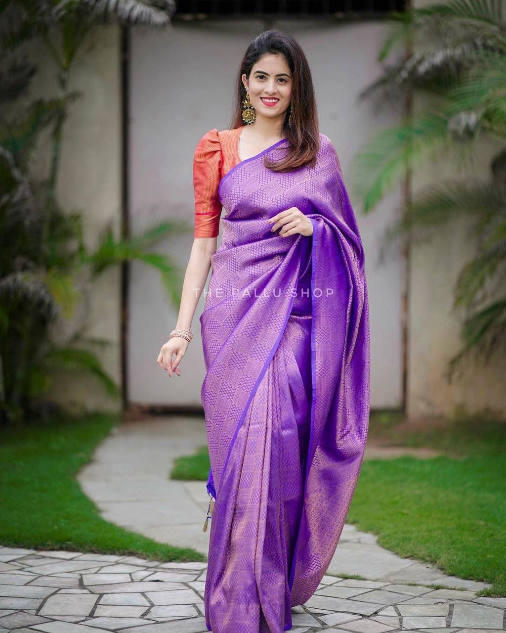 PURPLE SAREE WITH COPPER ZARI WEAVING WITH RED BROCADE BLOUSE