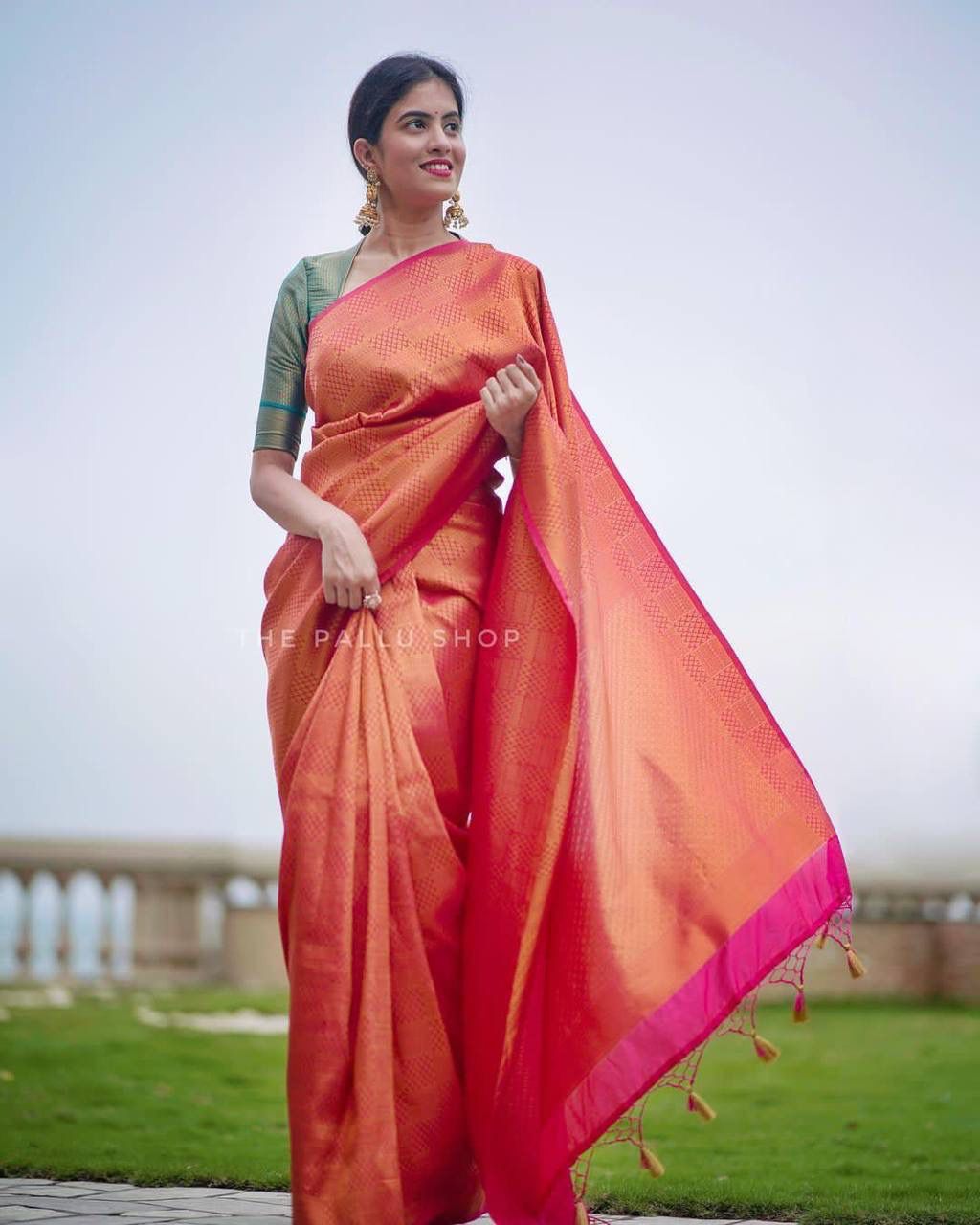 GAJARI SAREE WITH COPPER ZARI WEAVING WITH FIROZI BROCADE BLOUSE