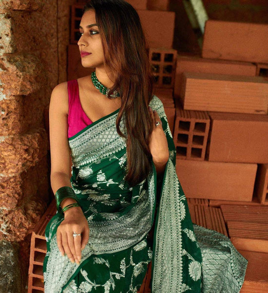 GREEN  WITH PINK COLOR BLOUSE WEAVED WITH COPPER ZARI